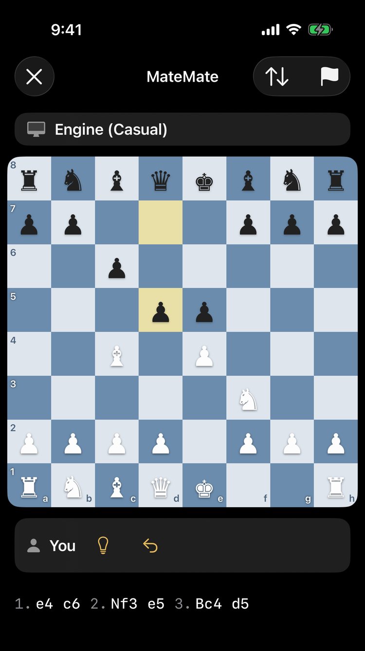 MateMate mid-game board, dark blue theme, with move history