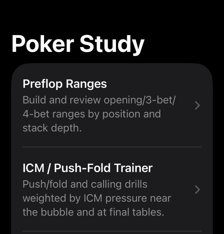 Poker Study home screen listing the five planned tools
